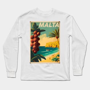 Malta Coastline Vintage Travel Art Poster Long Sleeve T-Shirt